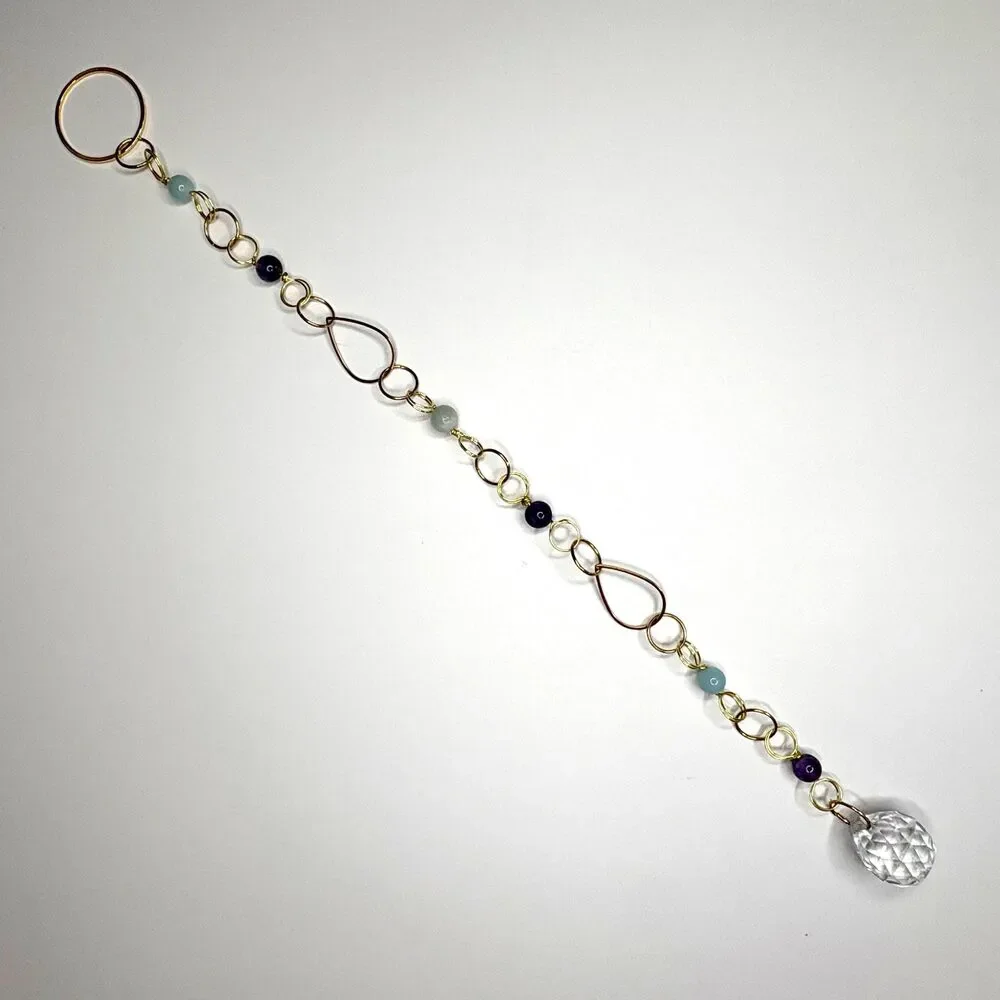 Aquamarine Amethyst Bead Hanging | Gold Teardrop Frame | Crystal Ball Prism